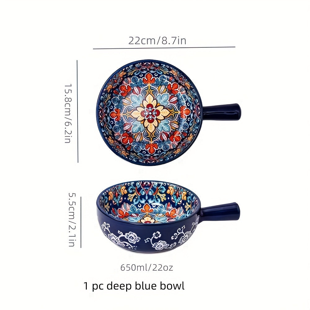 22.1 cm Bohemian ceramic salad bowl with handle, microwave and oven safe for home baking and serving.