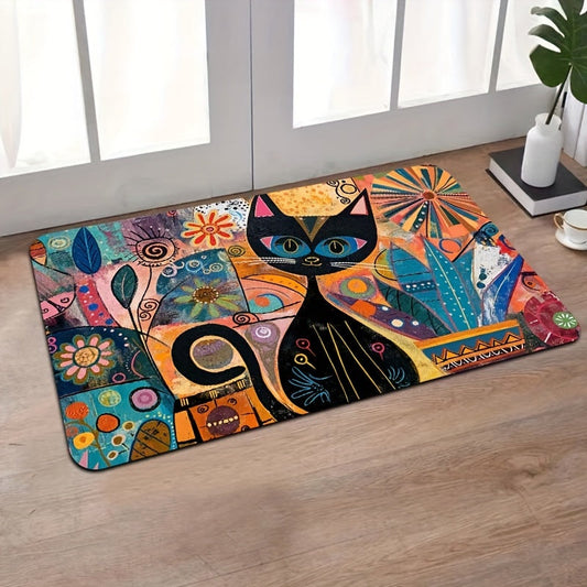 Abstract Art Cat Doormat - Easy to Clean in Washing Machine, Non-Slip PVC Backing, Made of Durable Polyester - Rectangle Mat for Bathroom, Kitchen, Living Room, or Bedroom - Stylish Entryway Decor Rug