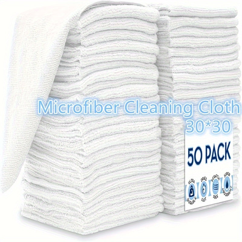 White Ultra-Soft Microfiber Cleaning Cloths, Set of 50, 29.97cm x 29.97cm, Highly Absorbent and Lint-Free for Kitchen, Bathroom, Glass, and More