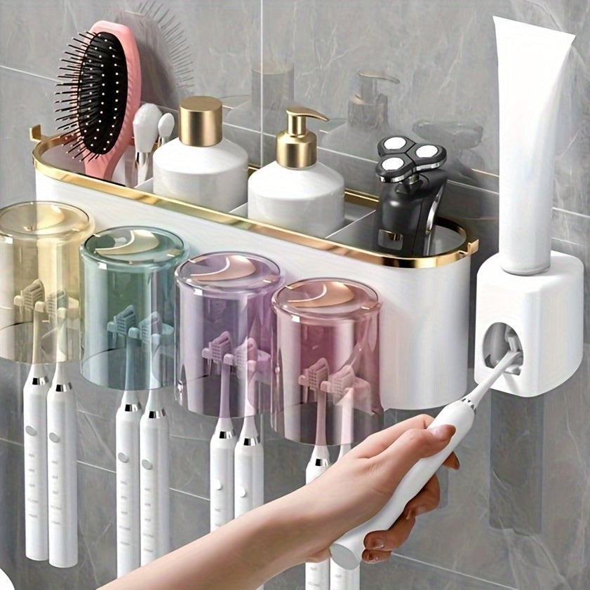 Multifunctional wall-mounted toothbrush and toothpaste holder with squeezer, punch-free design. Clear plastic organizer for electric toothbrushes, includes mouthwash cup storage shelf.