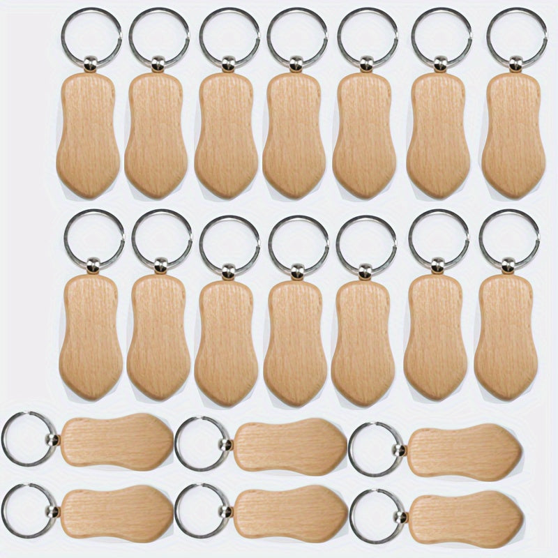 Twenty pieces of wooden key chain blanks, rectangular in shape, suitable for key chains. These wood blanks can be engraved and used for making jewelry and other craft projects.