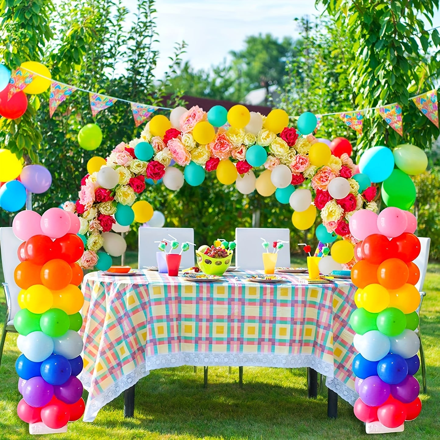 Kit for customizable balloon arch and column stands for table decorations at weddings, baby showers, and birthday parties, including adjustable arch kit and 160.02 cm balloon tower stand with pole and water-fillable base.