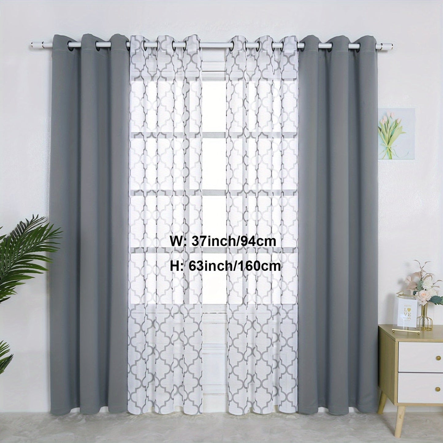 Blackout Curtains and Sheer Panels with Snowflake Pattern, Including Rods, Indoor Set of 4, Weighing 200 Grams in Total.