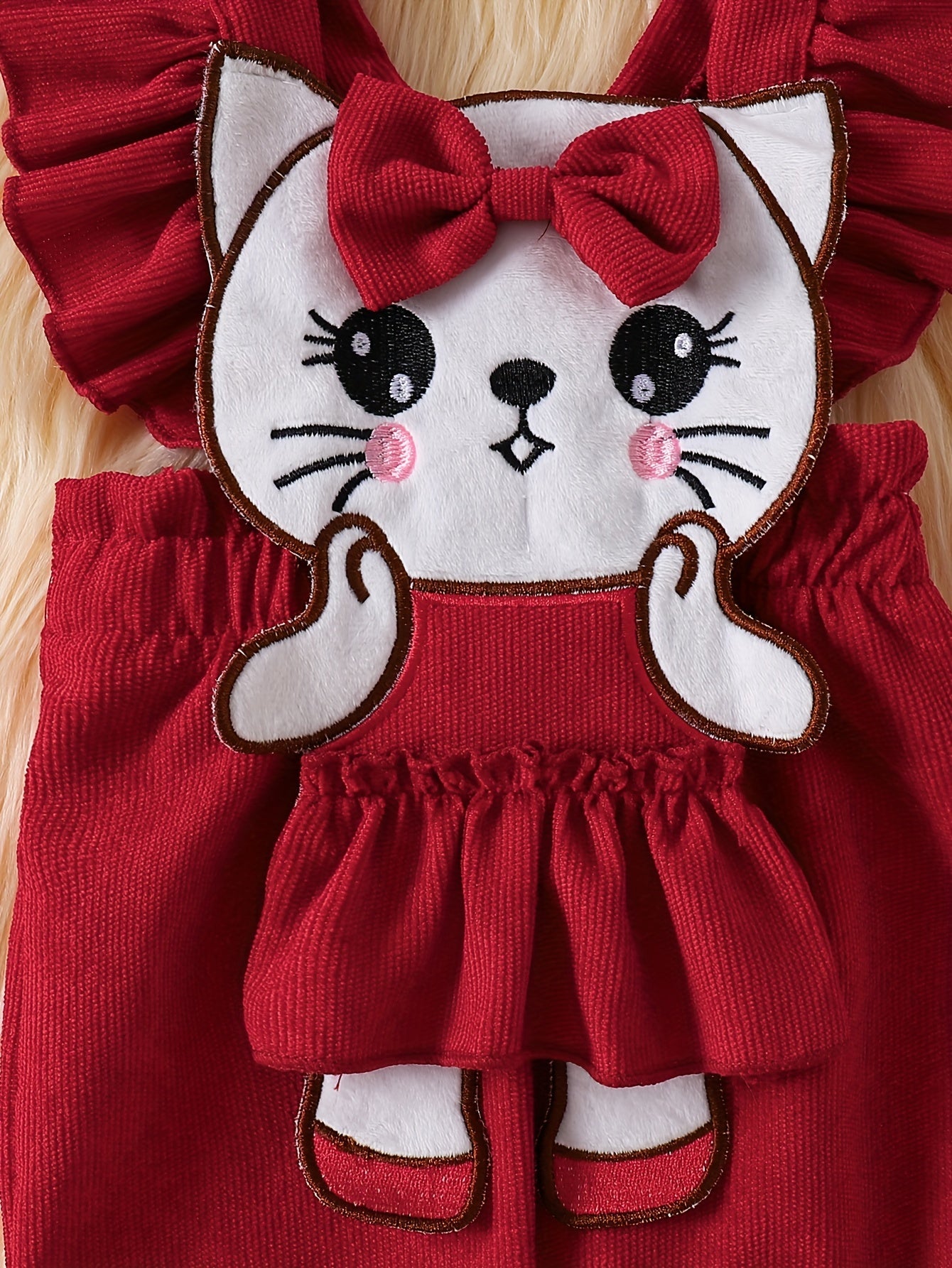 Cute Girls' 3-piece outfit: Floral romper, kitten overalls, and matching headband. Made of cotton blend, machine washable for fall/winter. Perfect for outdoor wear.