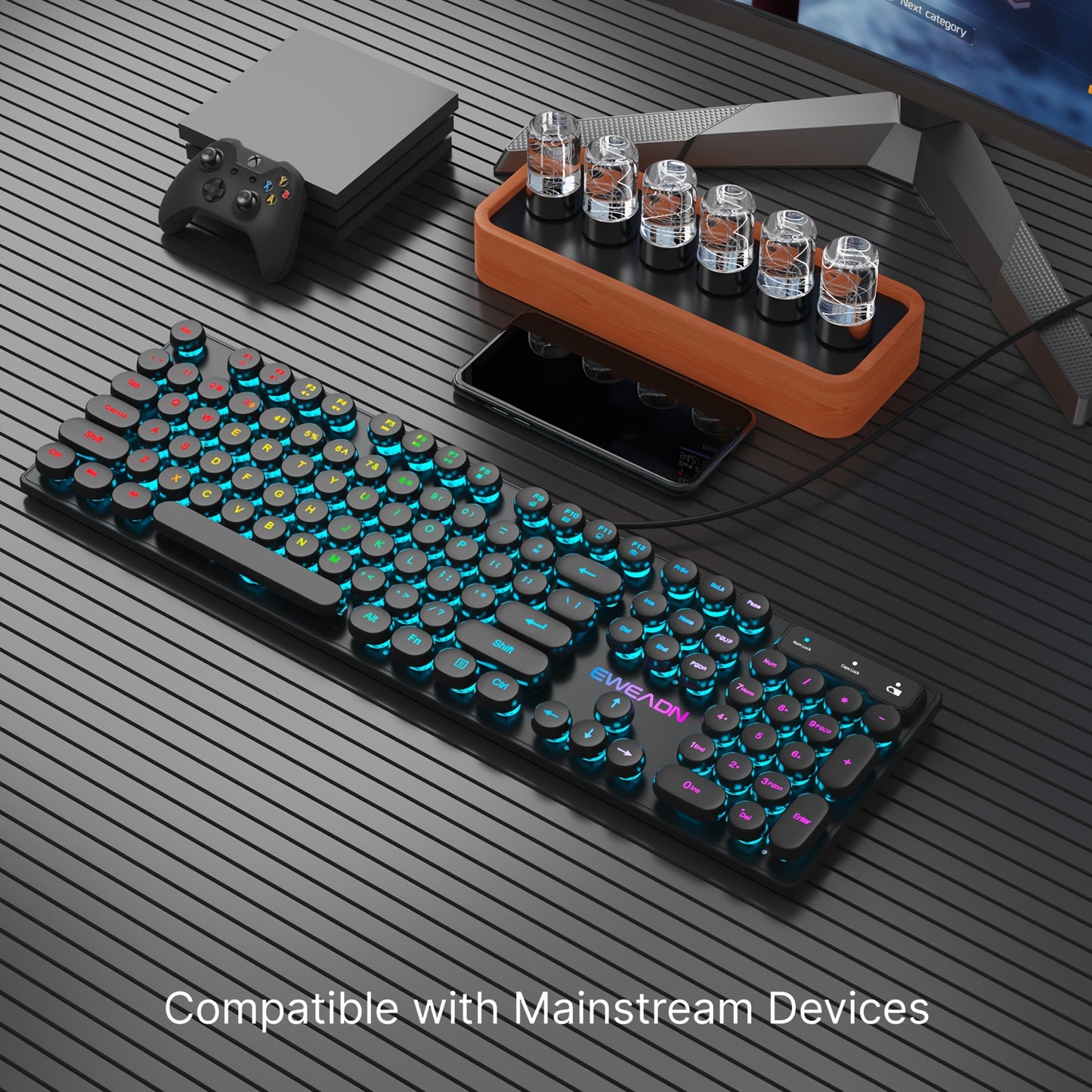 EWEADN GX330 Wired Gaming Keyboard with Retro Punk Style, RGB LED Backlit, Ergonomic Design, 104 Keys, USB Powered, Ideal for Gaming & Office Use.