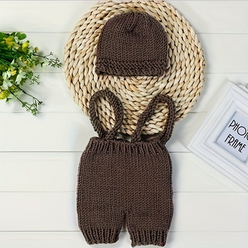 Knitted Photography Costume Set with Adorable Crochet Button Hat and Pants Overalls, Perfect for Photography Props