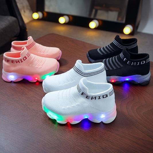 BananaDeer kids' slip-on sneakers with dual-tone gradient design, LED light effect, and durable rubber sole. Perfect for boys and girls during spring/fall and youth sports.