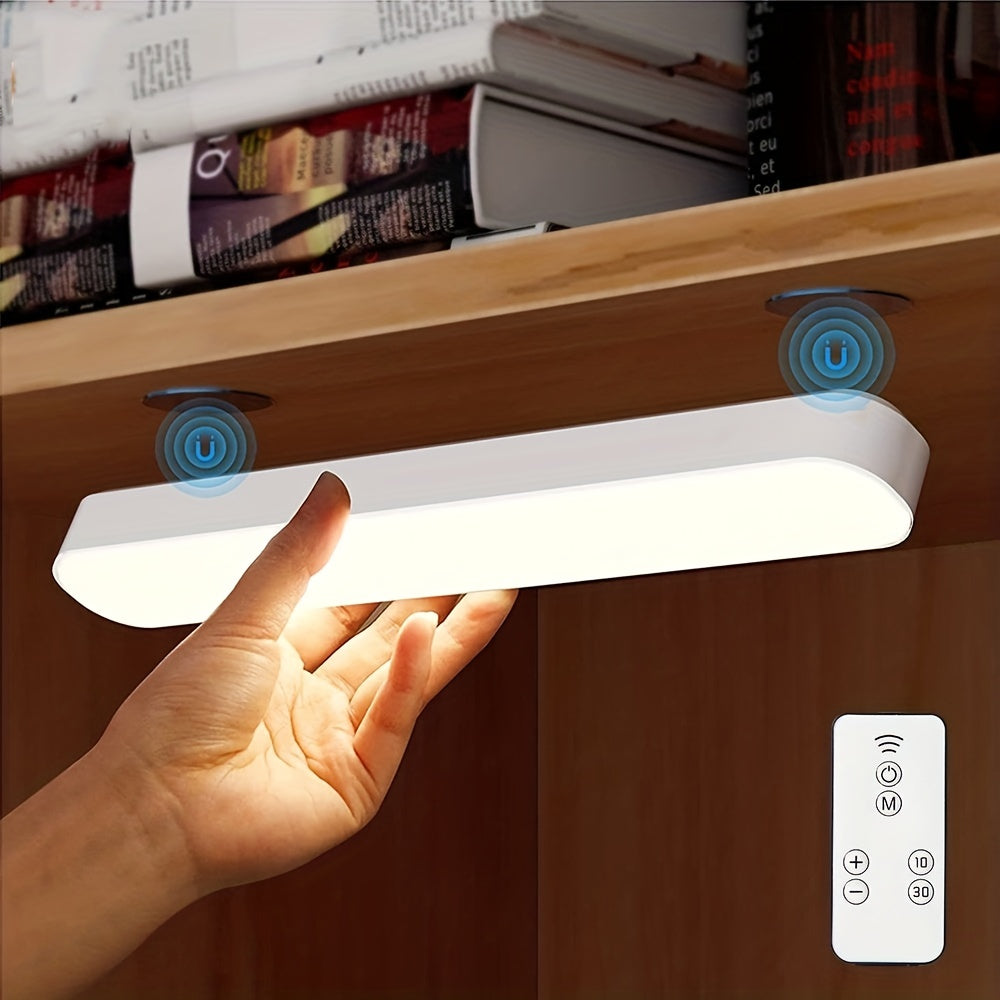 Dimmable LED under cabinet lighting with touch sensor and remote control. Features color changing options, magnetic mount, and rechargeable lithium battery. Includes 3 color modes and touch control.