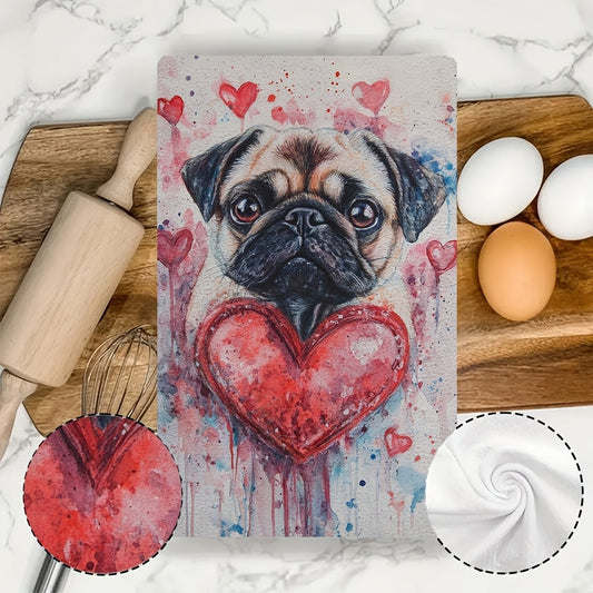 Set of 2 Ultra Plush Kitchen Towels - Adorable Valentine's Day Pug and Heart Pattern, Super Absorbent & Easy to Clean Dish Hand Towels, 16x24 inches, Ideal for Festive Home Decor and Drying Dishes