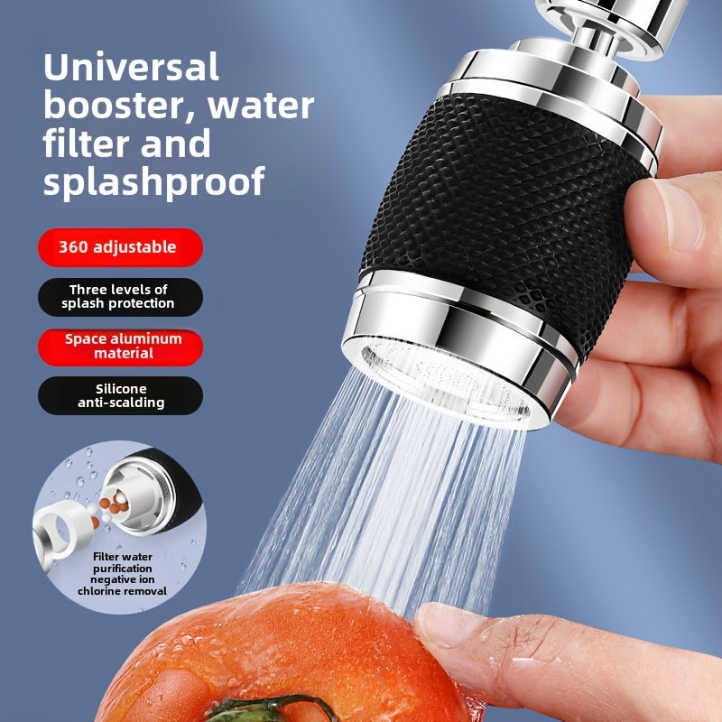 The MIDIT 6-piece Faucet Water Filter Set is equipped with a 3-speed splash-proof design and a 360-degree swivel feature. This multi-functional kitchen tap extension aerator includes 2 filter cartridges, a universal adapter, and a leakproof gasket. Made