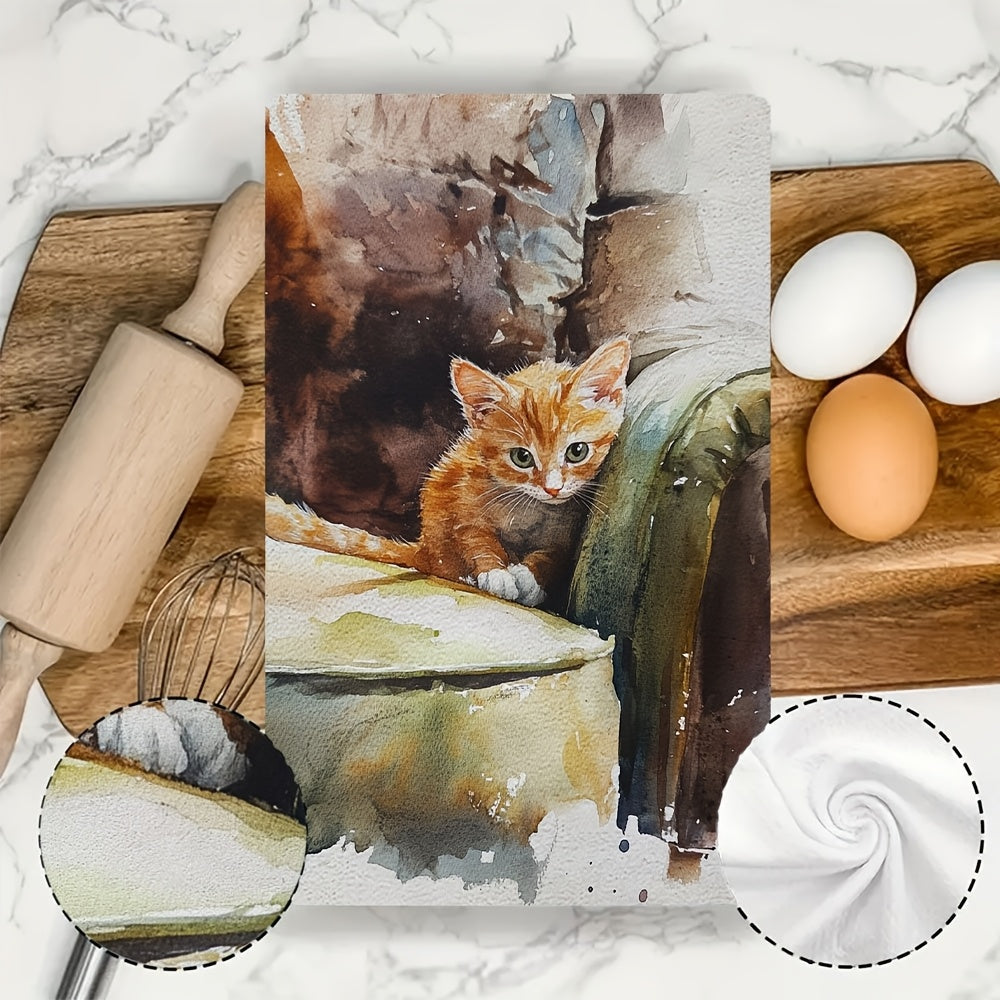 Two pieces of ultra soft kitchen towels featuring an adorable peekaboo kitten design. These towels are highly absorbent and machine washable, making them perfect for use as dish hand towels. Add a cozy touch to your home decor with these towels