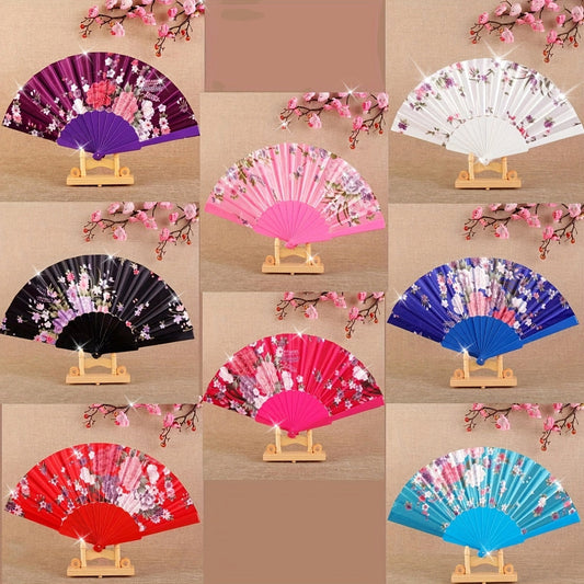 Vintage Floral Silk Folding Fans - Set of 8, Perfect for Dance Performances & Photo Props, Handheld Sunshade Fabric, Ideal Summer Cooling Gift