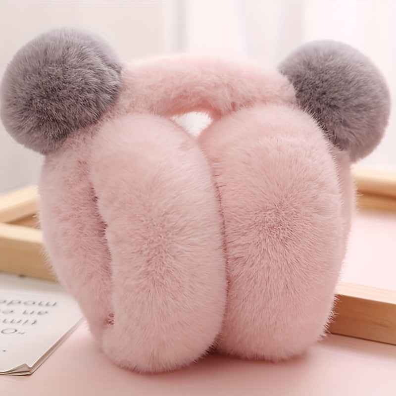 Women's Winter Outdoor Foldable Faux Fur Ear Warmers with Cute Pom Pom Plush Earmuffs in Solid Block Design