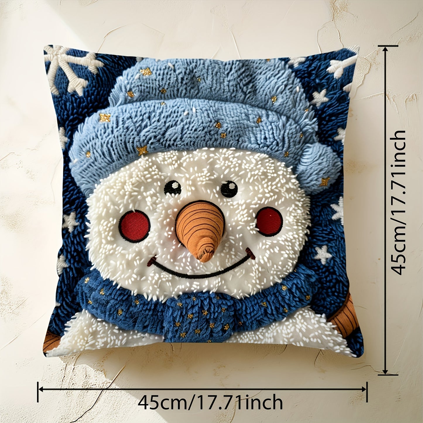 Modern snowman throw pillow cover made of polyester that is machine washable. It has a woven zippered pillowcase suitable for living room sofa, autumn farmhouse, patio, and porch decor. Size is 45.72x45.72 cm.