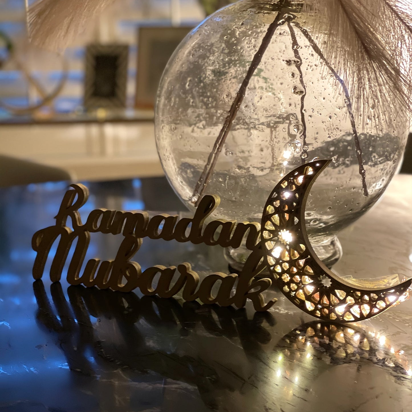 Chic Wooden Table Stand for Ramadan Mubarak - Bohemian Golden Crescent Moon & Stars Design, Ideal for Eid Al-Fitr Decor & Gifts, No Batteries Required