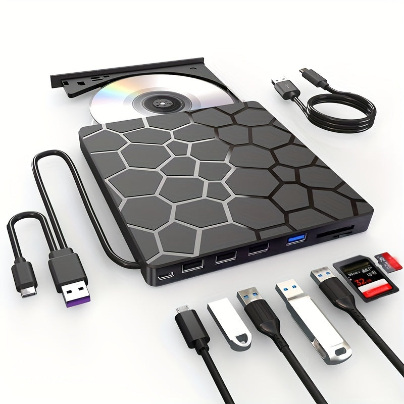 Compact CD/DVD drive for laptops with USB 3.0, Hexagonal design, and playback/burning capabilities for Windows, Mac, Linux. Supports CD/VCD/DVD.