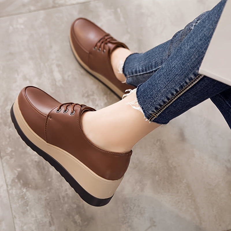 Women's lace-up low top shoes with solid color, comfortable all-season design, featuring a plain toe and PU sole. Made with man-made materials.