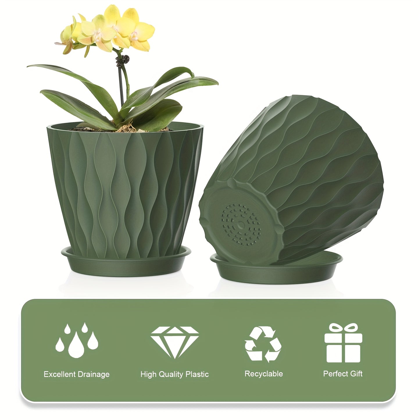 6 plastic planters with drainage holes, 15.24cm in size. Suitable for indoor and outdoor use with a variety of plants. Plants not included.