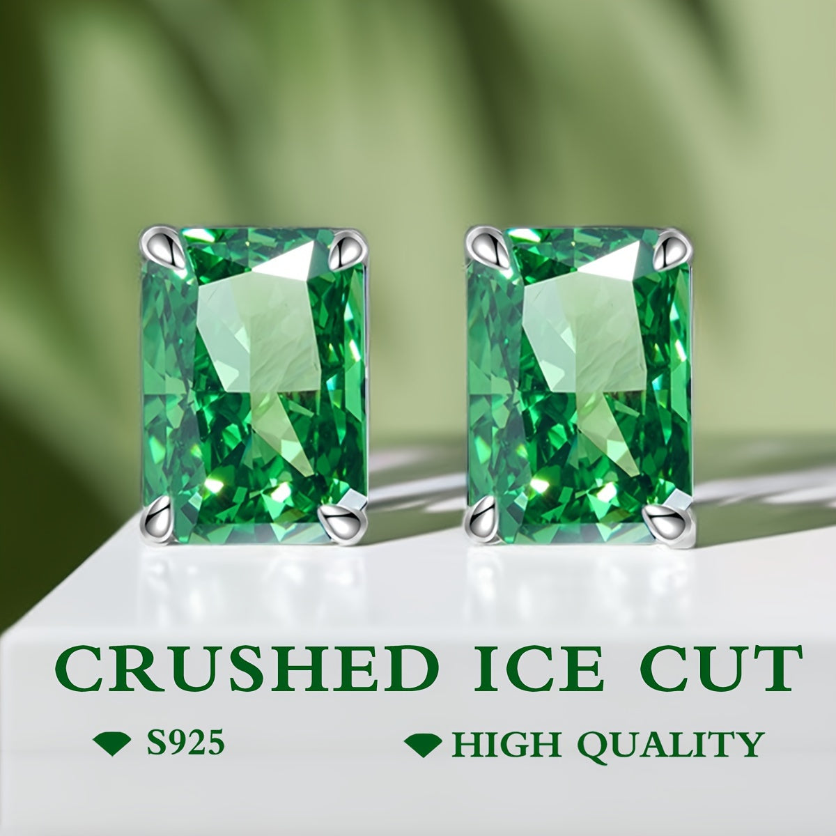 Stylish and elegant Women's Stud Earrings featuring 8 Carat Emerald Green Zirconia with Excellent Quality Sparkle Ice Cut, set in S925 Silver Plated with Platinum and Gold Mosaic. A popular and fashionable choice for women.