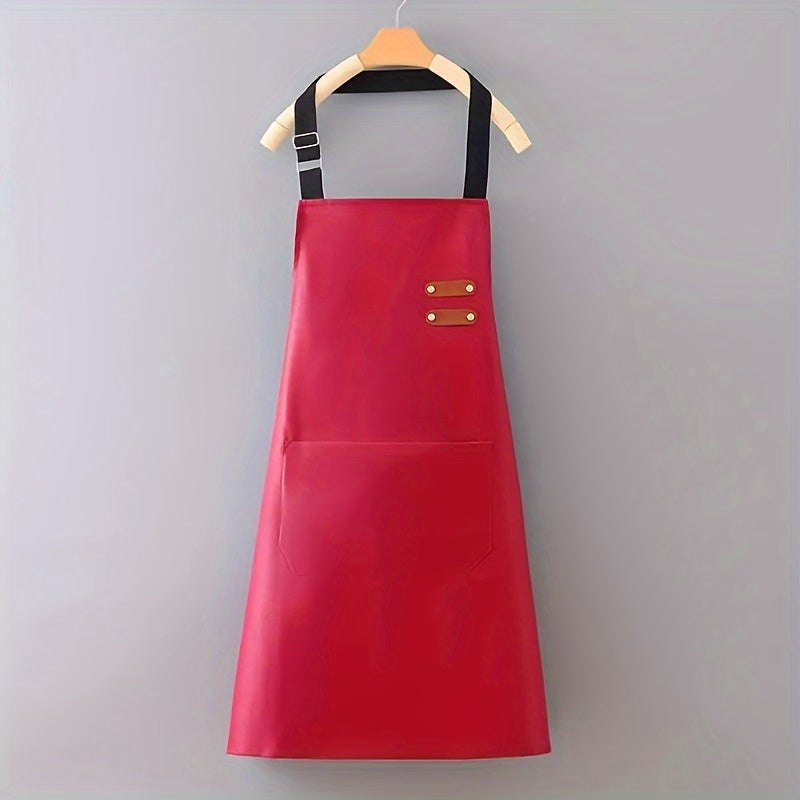 Soft faux leather and polyester apron with waterproof, oil-proof PU finish, adjustable neck strap, and front pocket. Suitable for cooking, BBQ, or barber use in black or red.