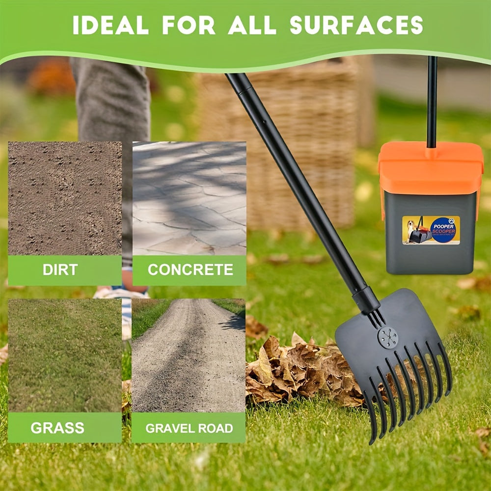 Dog owners with medium to small breeds can easily clean up their pet's mess with this heavy-duty poop scooper set. The set includes a swivel bin and rake with a long handle measuring 116.84cm/104.14cm. It is ideal for use on grass, dirt, or gravel.