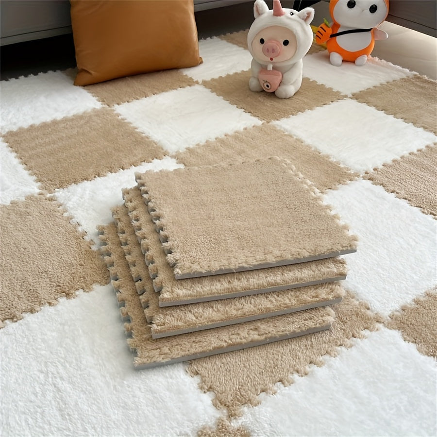 12pcs flocked carpet splicing mats in Ins style, 11.81*11.81 inches, ideal for room decoration. Anti-slip and full floor coverage.