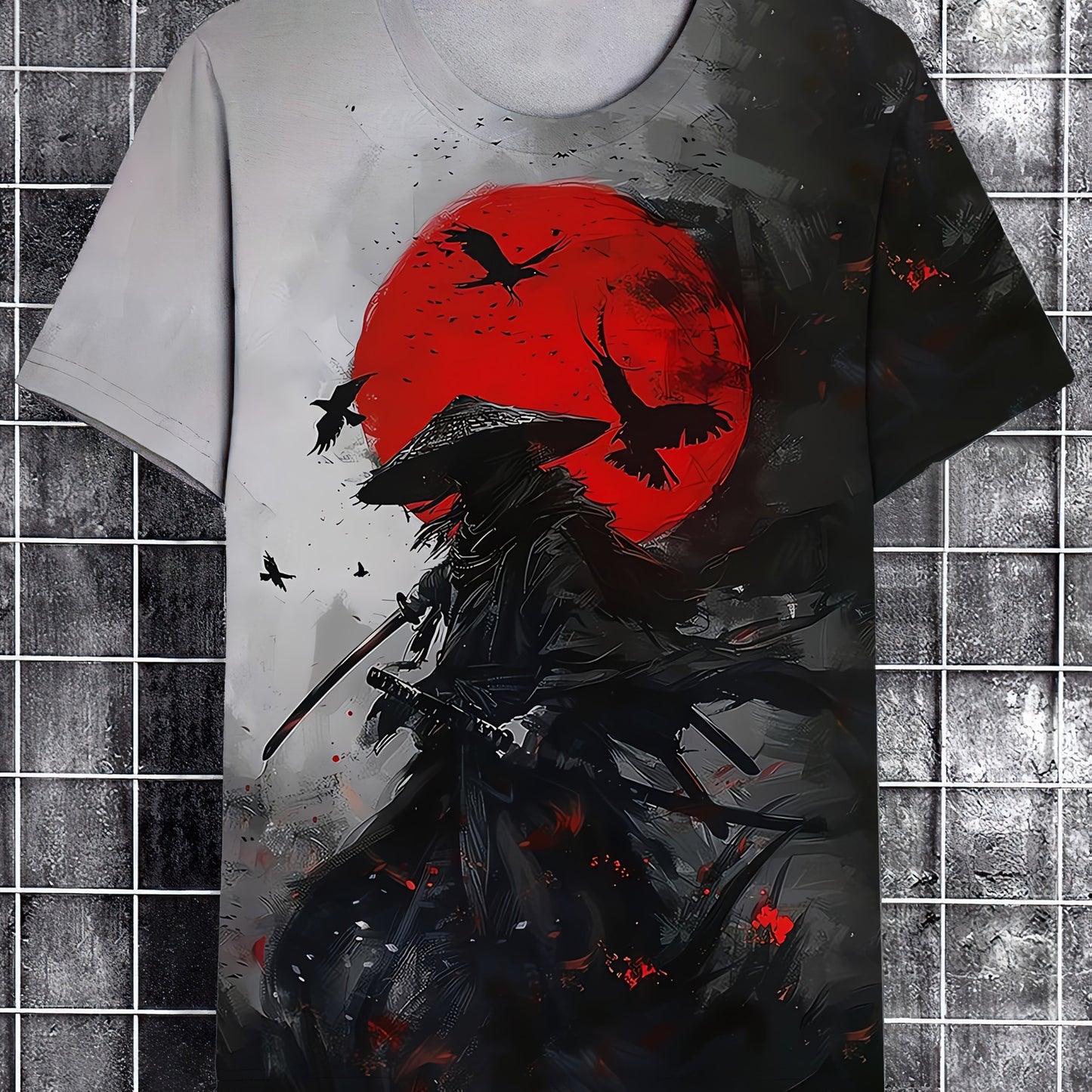 Men's Samurai ink painting pattern T-shirt, short-sleeve tee for summer streetwear.