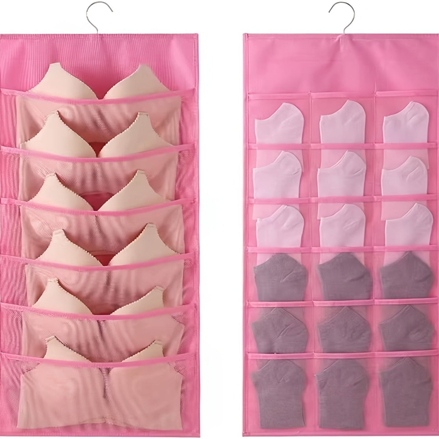 One-piece Closet Hanging Organizer featuring Mesh Pockets and Rotating Metal Hanger. This Dual-Sided Wall Shelf Wardrobe Storage Bag is made of Oxford Cloth, perfect for saving space for bras, underwear, underpants, and socks.