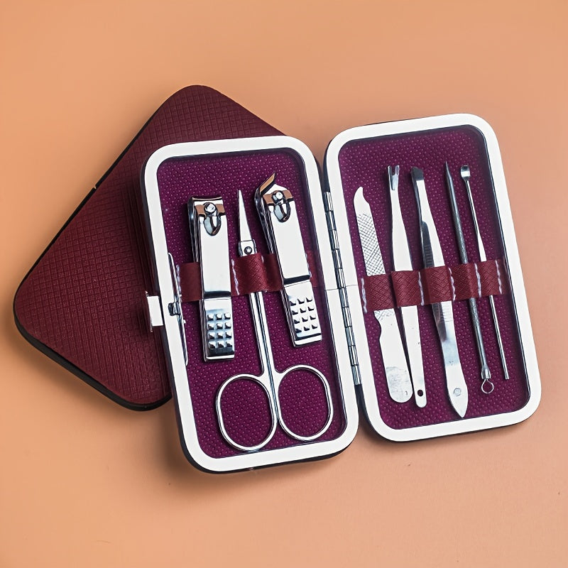 Manicure and pedicure set with nail clippers, files, ear spoon, and portable case for nail care at home or on-the-go.