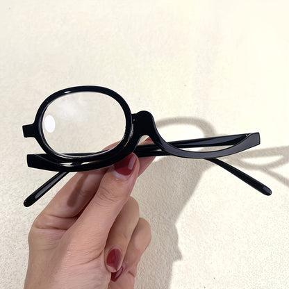 Rotating cosmetic reading glasses for makeup application, covering prescription range +1.0 to +4.0.