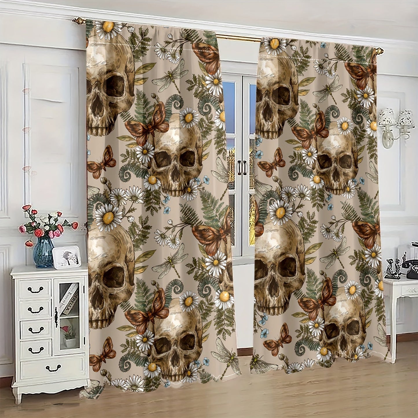 Semi-Transparent Halloween Skull & Butterfly Chrysanthemum Curtains - Set of 2, Privacy-Protecting Drapes for Living Room and Bedroom Decoration