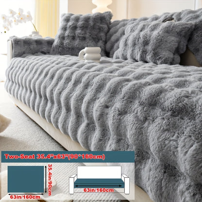 Imitation rabbit plush sofa cover for winter warmth, non-slip protection for furniture in home or office.