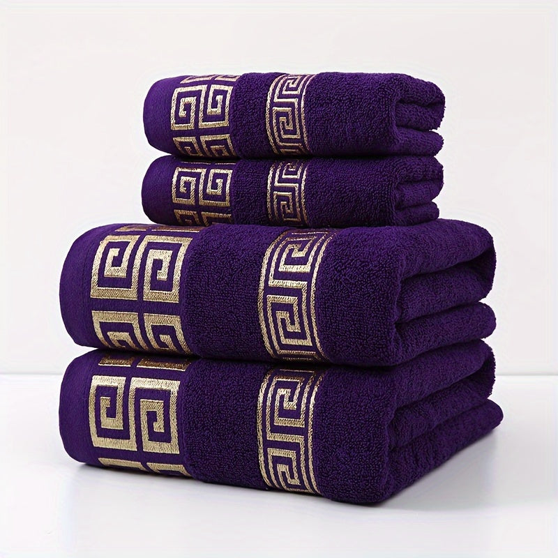 Highly absorbent 4-piece luxury bath towel set with geometric embroidery. Made from soft cotton, 400GSM. Perfect for use at home, in the kitchen, or while traveling. Ideal gift for family and friends. No shedding or fading.