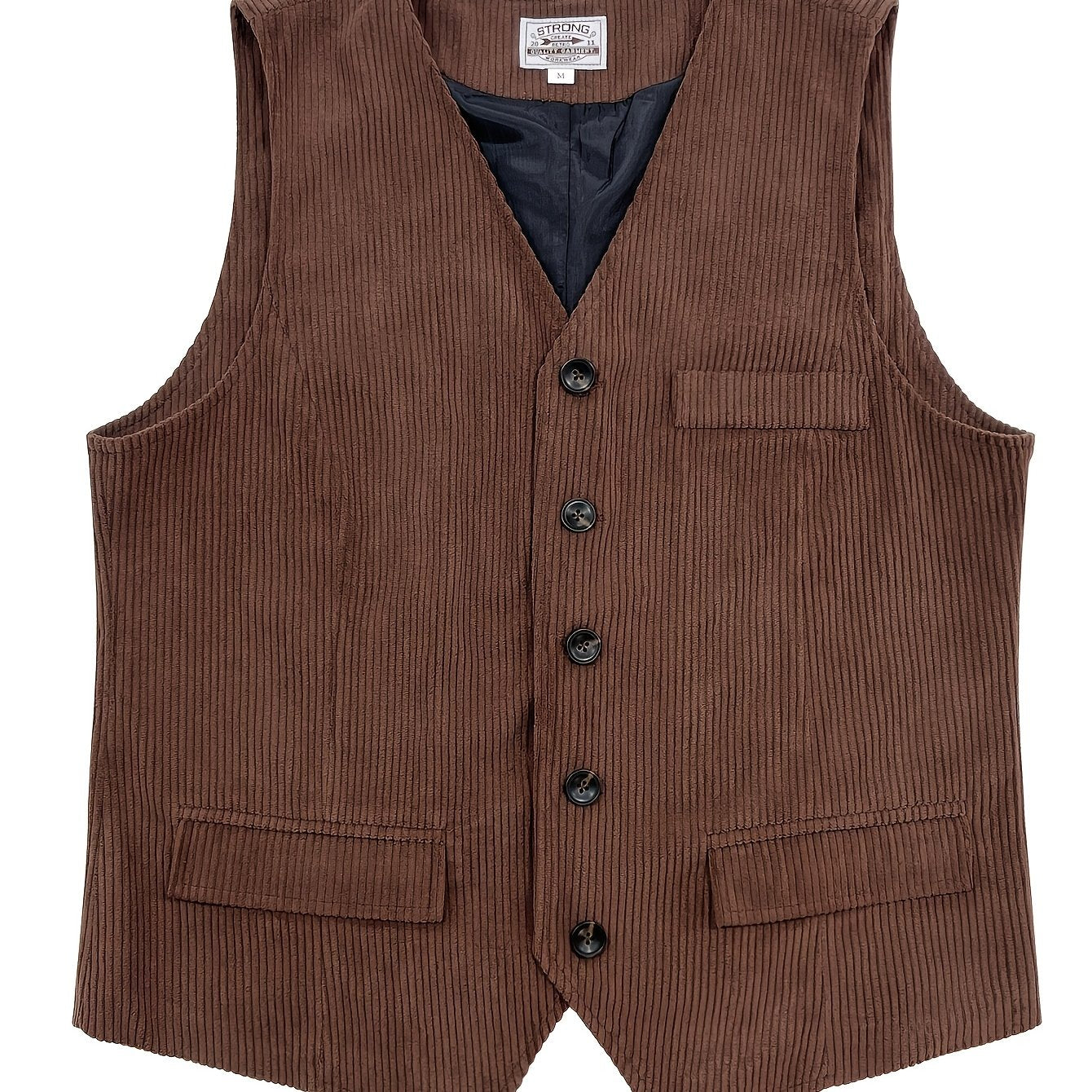 Men's plus size navy blue corduroy vest with retro British style, pocket detail, single-breasted design, and thickened material for casual attire.