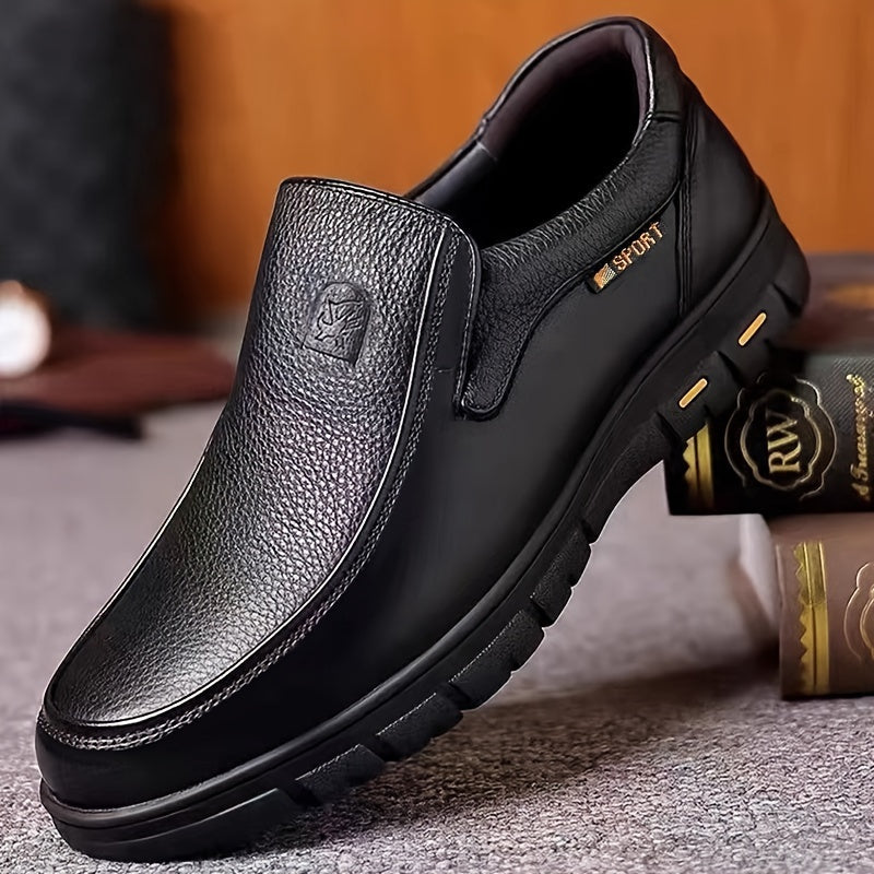 Men's slip-on business casual shoes made with head layer leather, PU lining, rubber sole, and fabric insole.