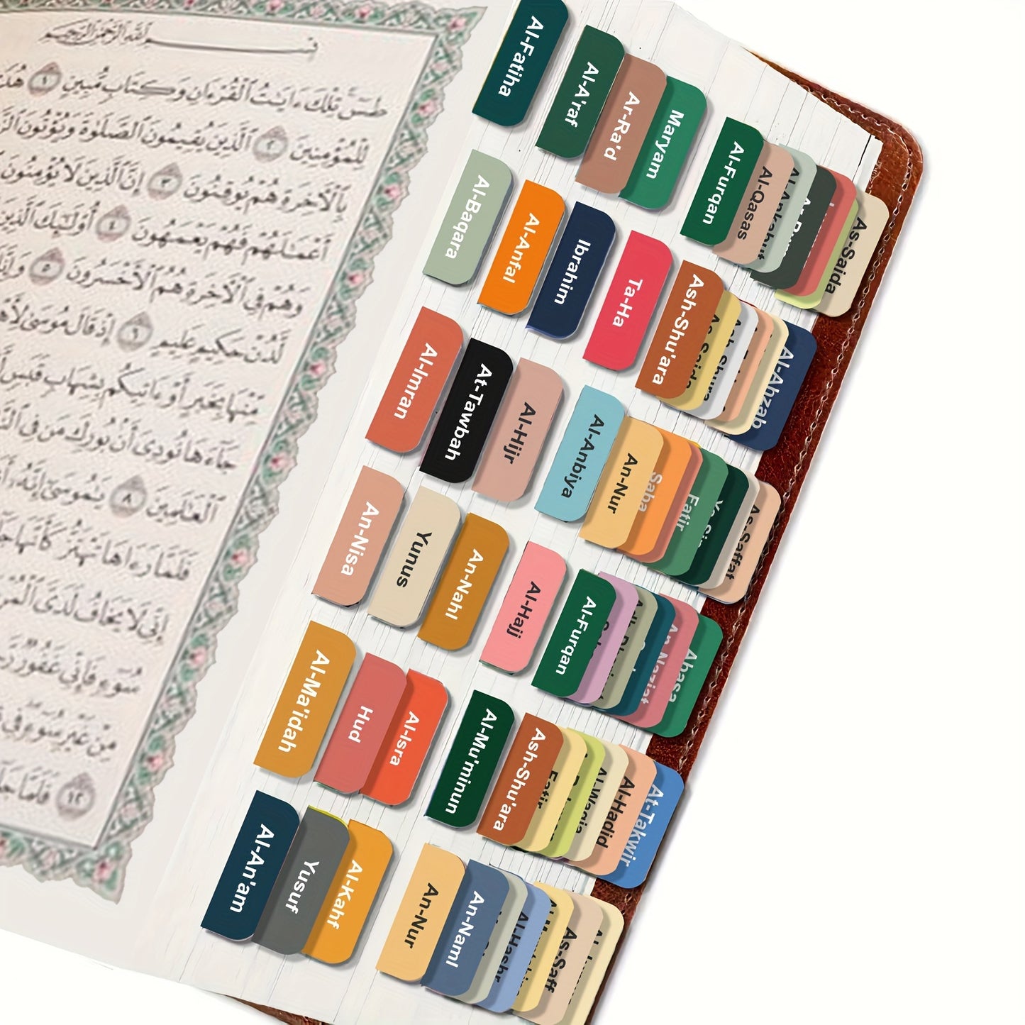 Self-adhesive Quran index tabs with 114 chapters, 6 blank tabs, tear-resistant, easy navigation, clearly printed, 8 sheets set.