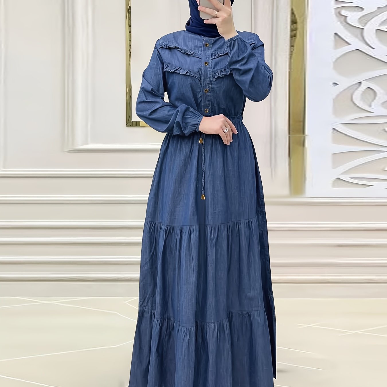 Ramadan Button Front Modest Dress, Women's Elegant Long Sleeve Loose Maxi Dress.