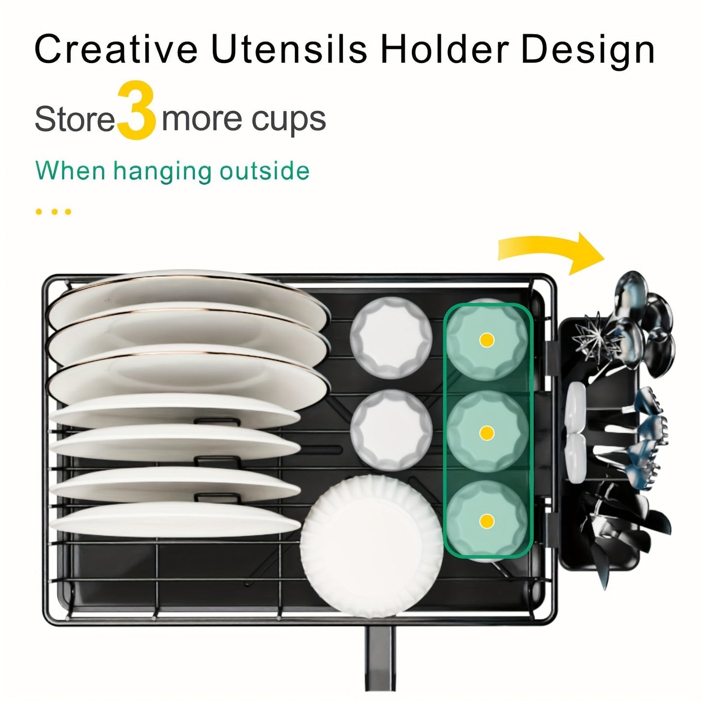 Single layer dish drying rack with utensil holder and drain spout, designed for kitchen countertop and sink. This large capacity dish rack is compact and efficient, perfect for organizing and storing kitchen accessories.