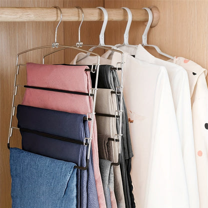 1 count of a 5-tier metal pants hanger with no-slip features, designed for durability and suitable for hanging ties, pants, and scarves. This household organizer saves space in closets, wardrobes, homes, and dorms.