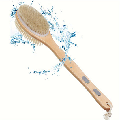 Long-handled dual-sided shower brush for deep cleaning and exfoliating, suitable for lotion application without needing power.