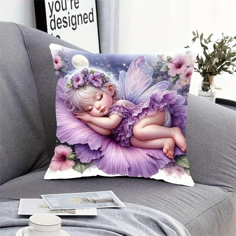 Angel girl plush pillowcase with fairy tale design featuring a sleeping fairy, floral motifs, and starry night sky. Ideal for bedroom or living room decor. Does not include pillow insert. Mystical and soft.