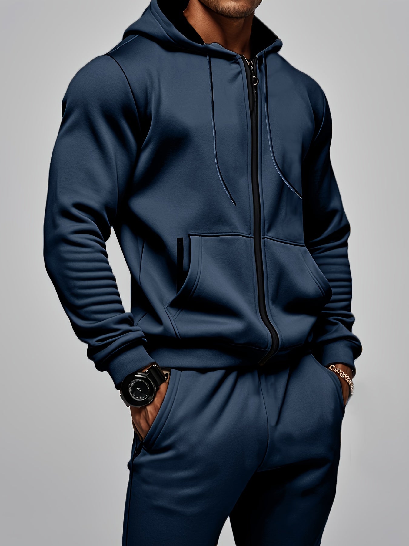 Men's solid color hoodie with matching pants, casual sports set.