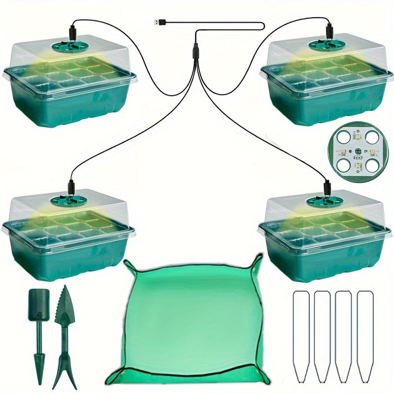 Plant seedling boxes with supplementary lighting, cultivation holes, seedling tools, label cards, and mats for optimal germination.