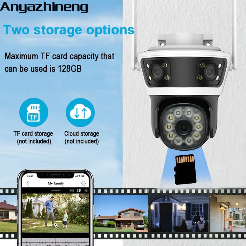 ANYAZHINENG Outdoor Wireless Security Camera is a high-definition 1080p camera with a triple lens for panoramic viewing. It features motion detection, night vision, two-way audio, PTZ capabilities, and can be wall-mounted. Powered by USB and compatible