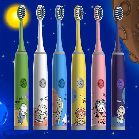 2 Electric Toothbrushes with 12 Brush Heads, Cartoon Space Series, Battery Powered for 3-13 year olds, Gentle Bristles, 2min Timer, Tooth Protection, Gift