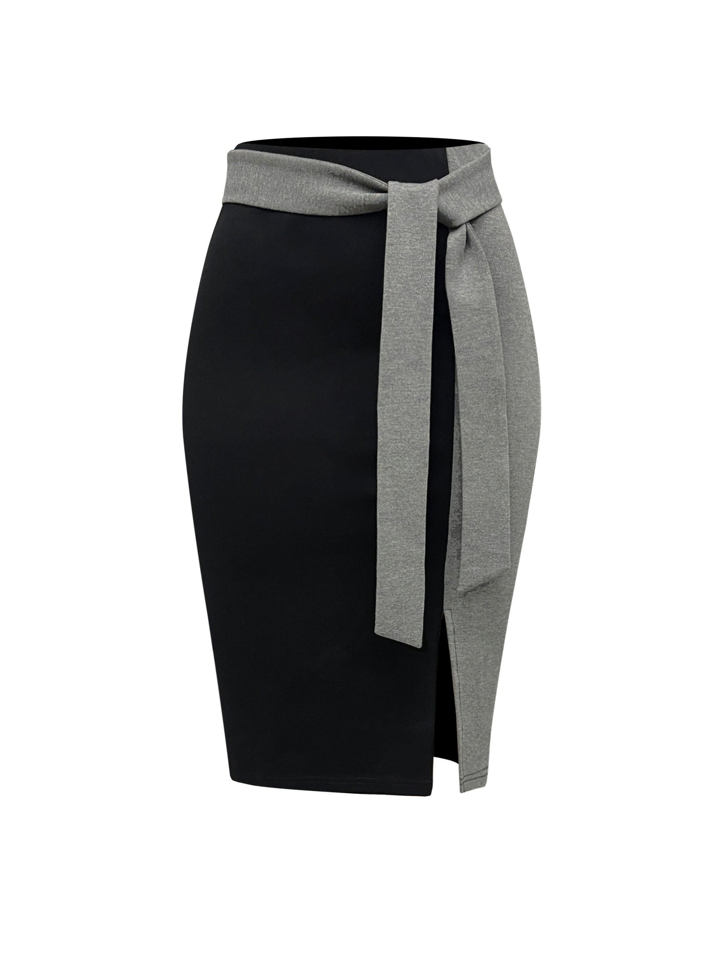 Stylish Color Block Tie-Waist Midi Skirt made of stretchy rayon blend with maroon & black design. Suitable for office or casual wear in spring/summer. Machine washable and comfortable fit.