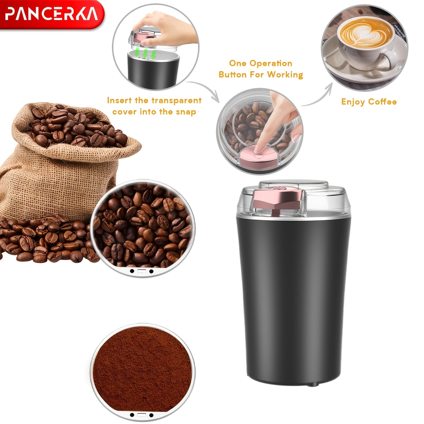 The PANCERKA Electric Coffee Grinder features a large capacity, stainless steel blades, one-touch operation, transparent lid, and a compact design with a safe locking system. It is easy to