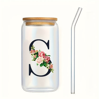 Alphabet flowers drinking glass with bamboo lid and straw, ideal birthday gift for women, friends, girls. 16 oz coffee glass, perfect for moms.