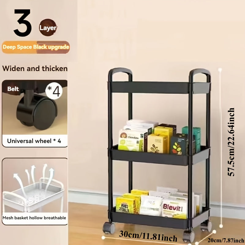 Multi-functional 3-tier plastic utility cart with wheels, no electricity required, perfect for home and outdoor camping. Portable storage organizer.