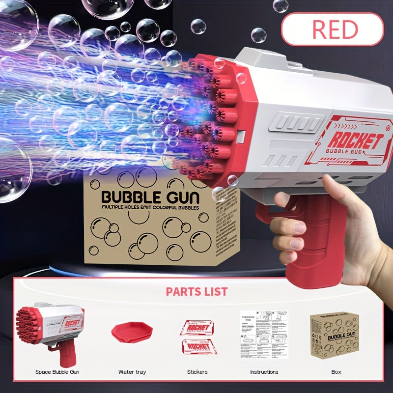 Portable electric bubble gun toy with 40 holes, colorful bubble streams, and mechanical style for summer parties and birthdays. Batteries and bubble solution not included. Safe and fun